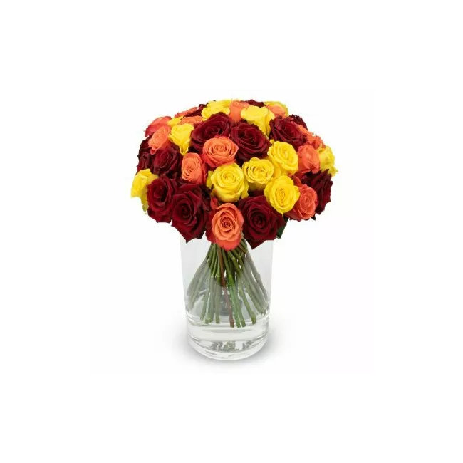 Kytice rudých, žlutých a oranžových růží